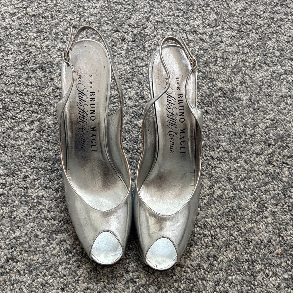 Bruno Magli Metallic Silver Peep-Toe Slingback Heels